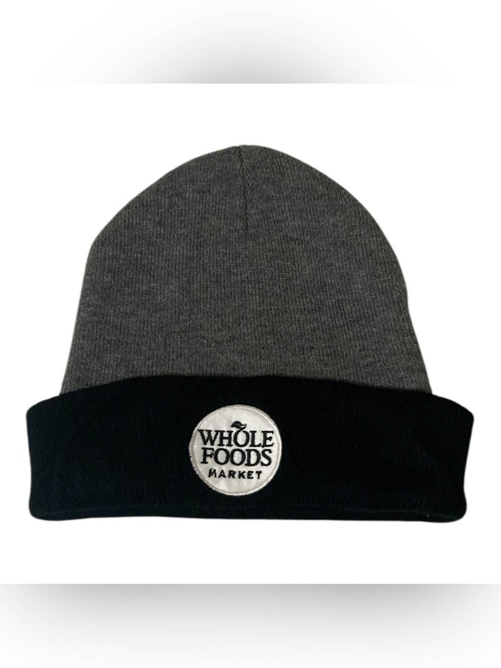 Whole Foods Market Gray Black Knit Beanie Hat Cap Acrylic Cuffed Unisex